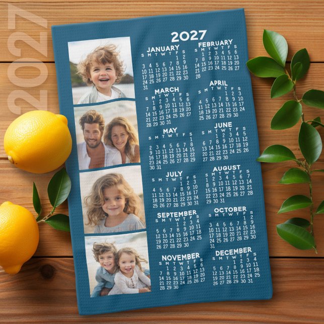 Kalender mit 4 Foto Collage Blue Geschirrtuch (2027 Calendar on a Kitchen Towel)