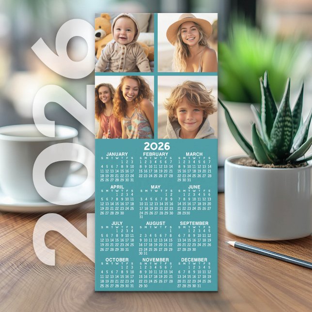Kalender mit 4 FotoCollage - Blue Card (2026 Calendar on Cardstock - Simple, Minimal Design and Photo Collage)