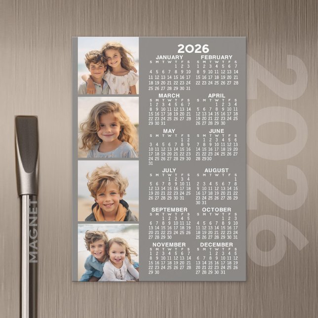 Kalender mit 4 Fotomontage Magnetkarte - Grau (2026 Calendar with A Photo and Magnetic Back)
