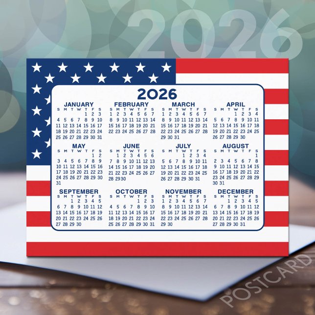 Kalender mit amerikanischer Flagge - Red White Blu Postkarte (2026 Calendar Postcard)