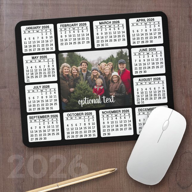 Kalender mit Foto im Zentrum Schwarz-weiß Mousepad (2026 Calendar with your logo or photos - Great Business Gift or Home Office Decor)