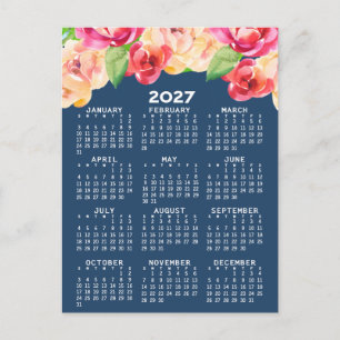 Kalender mit gemalten Aquarellblumen Postkarte