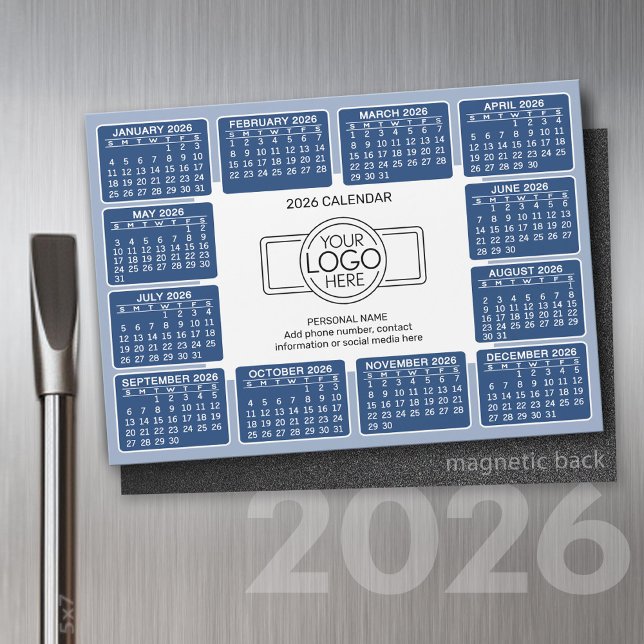 Kalender mit Logo Kontakt Information Blue Magnet (2026 Calendar with a Place for your logo - Hand Out To Clients as a Thank You Gift!)