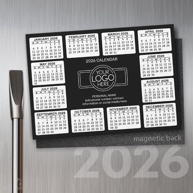 Kalender mit Logo Kontakt Schwarz - Magnet (2026 Calendar with a Place for your logo - Hand Out To Clients as a Thank You Gift!)