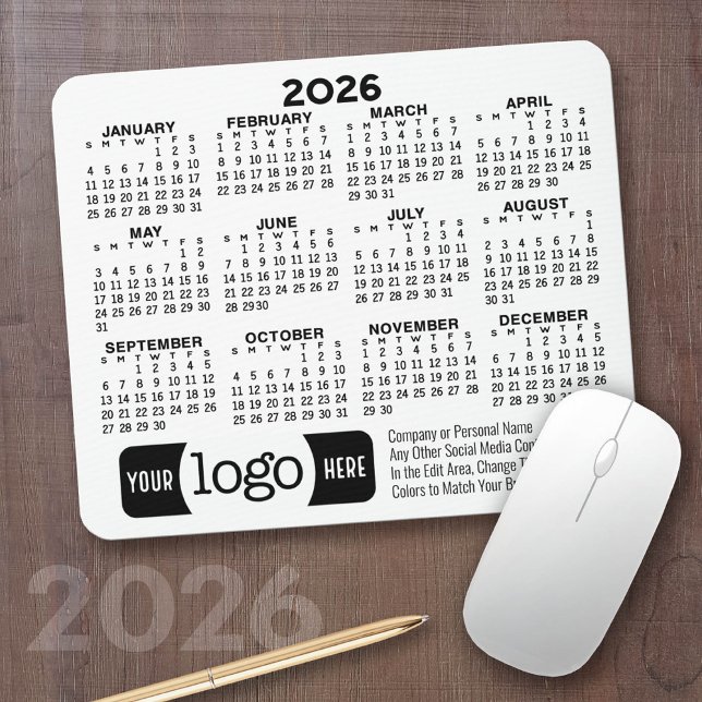 Kalender mit Logo, Kontaktinformationen Weiß Mousepad (2026 Calendar on a Mousepad)