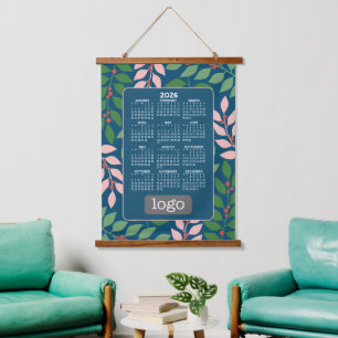 Kalender mit Logos - Botanischer Bluepfirma Wandteppich Mit Holzrahmen