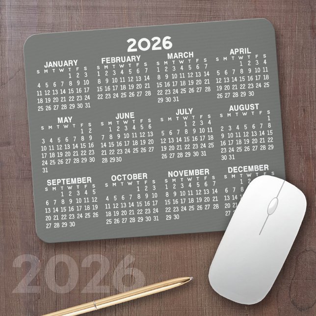 Kalender - modern grau-weiß einfach mousepad (2026 Calendar on a Mousepad)