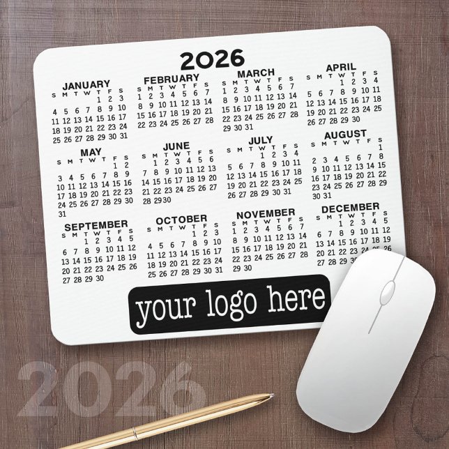 Kalender - Modernes, einfaches, schwarz-weißes Log Mousepad (2026 Calendar on a Mousepad)