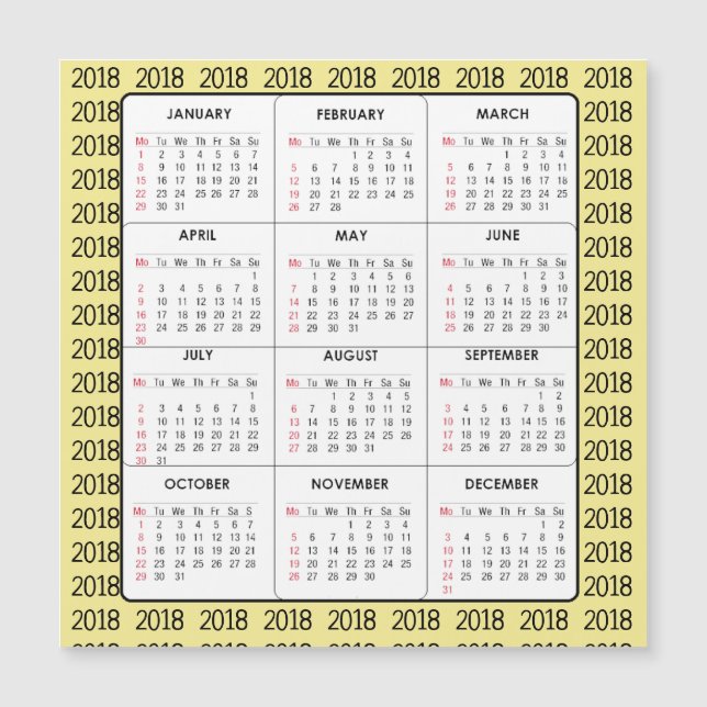 Kalender-quadratische Magnetkarte des Gelb-2018 (Vorderseite)