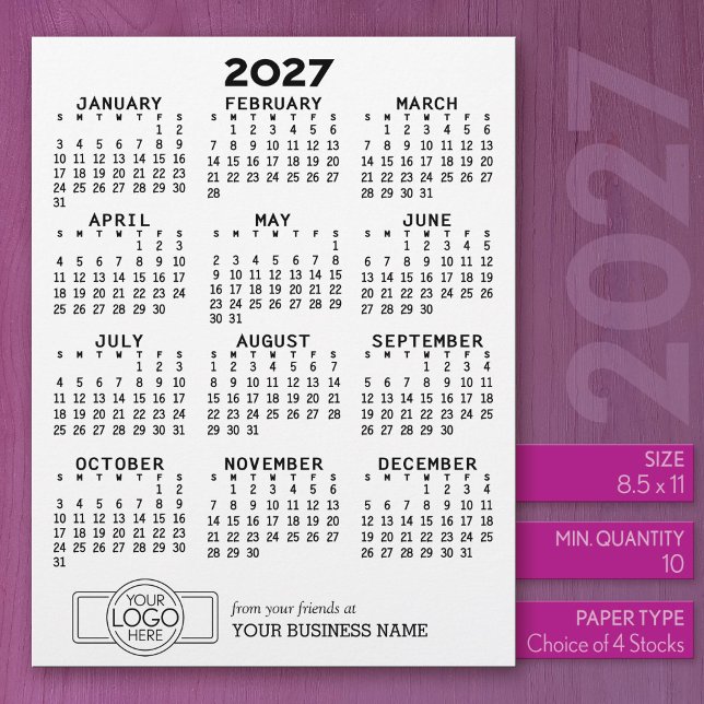 Kalender Schwarz-weiß Business - Urlaub Briefbogen (2027 Calendar on US Standard Size Letter Paper)