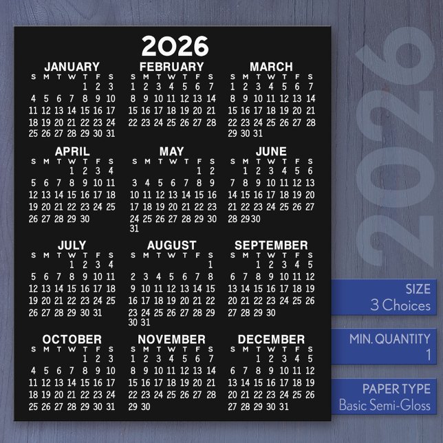 Kalender - Schwarzes Flachpapier für das ganze Jah (2026 Calendar)