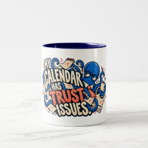 Kalender-Traust-Problem lustiger Büro-Oktopus-Bech Zweifarbige Tasse