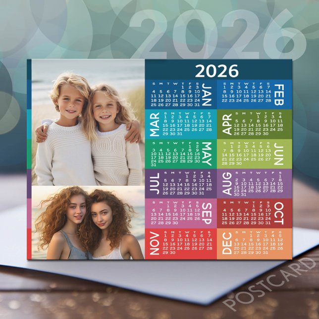 Kalender und FotoCollage - farbenfroher Hintergrun Postkarte (2026 Calendar Postcard)