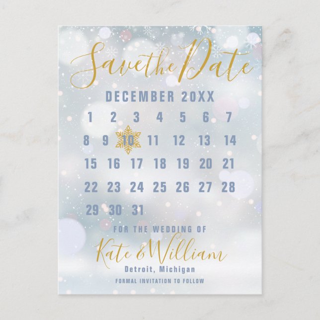 Kalender Winterschneeflocken Save the Date Postkar Postkarte (Vorderseite)
