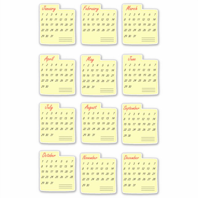 Kalendermonate jedes Jahr Aufkleber (Vorderseite)