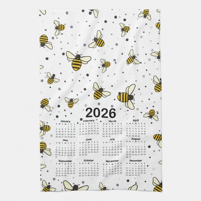 Kalendermuster 2026 mit Bienen und Punkten Geschirrtuch (Vertikal)