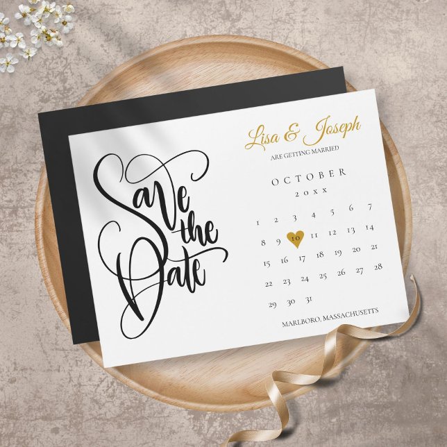 Kalenderskript Gold Heart Wedding Save the Date Magnetkarte (Von Creator hochgeladen)