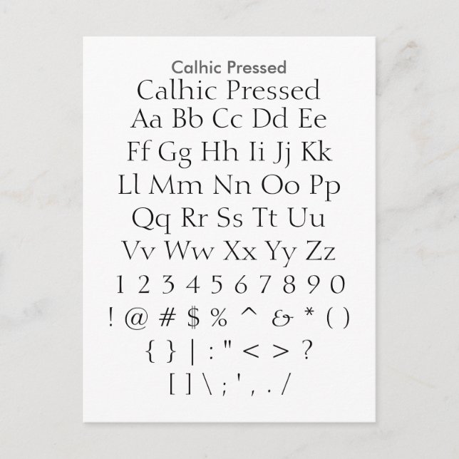 Kalhic Pressed - Zazzle-Schriftart-Musterblatt Postkarte (Vorderseite)