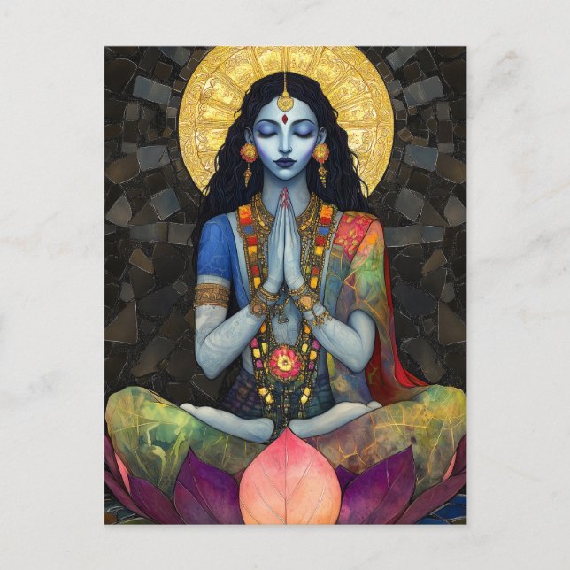 Kali in Meditation: Mosaik Blue Gold Goddess Art Postkarte (Vorderseite)