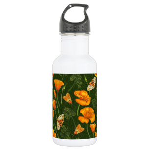 Kalifornien-Mohn und -Motten auf dunkelgrün Edelstahlflasche