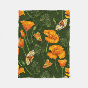 Kalifornien-Mohn und -Motten auf dunkelgrün Fleecedecke