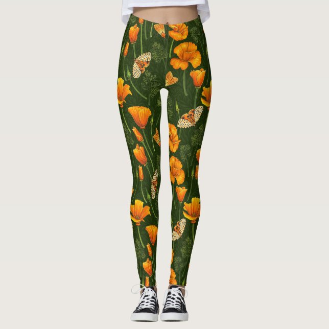 Kalifornien-Mohn und -Motten auf dunkelgrün Leggings (Vorderseite)