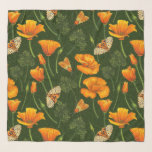 Kalifornien-Mohn und -Motten auf dunkelgrün Schal<br><div class="desc">Handgemalte kalifornische Mohnblüten und Motten - Gartentiger und Bella-Motte</div>