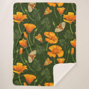 Kalifornien-Mohn und -Motten auf dunkelgrün Sherpadecke