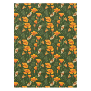 Kalifornien-Mohn und -Motten auf dunkelgrün Tischdecke