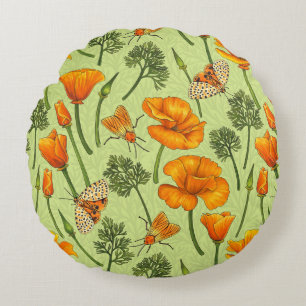 Kalifornien Mohn und Motten auf Honigtau Rundes Kissen