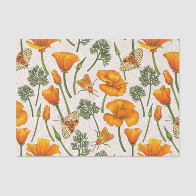 Kalifornien-Mohn und -Motten auf weiß 2 Seidenpapier (Vorderseite)