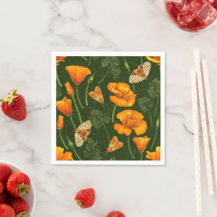 Kalifornien-Mohn und -Motten auf weiß Serviette