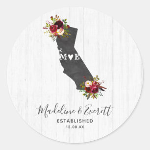 Kalifornien State Rustikale Florale Hochzeitsmonog Runder Aufkleber