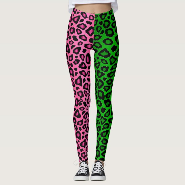 Kalkgrün - Hot Pink Leopard Animal  Leggings (Vorderseite)