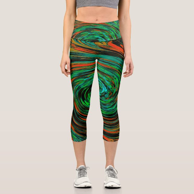 Kalkgrün und orange Abstrakter Retrowirbel Capri Leggings (Vorderseite)