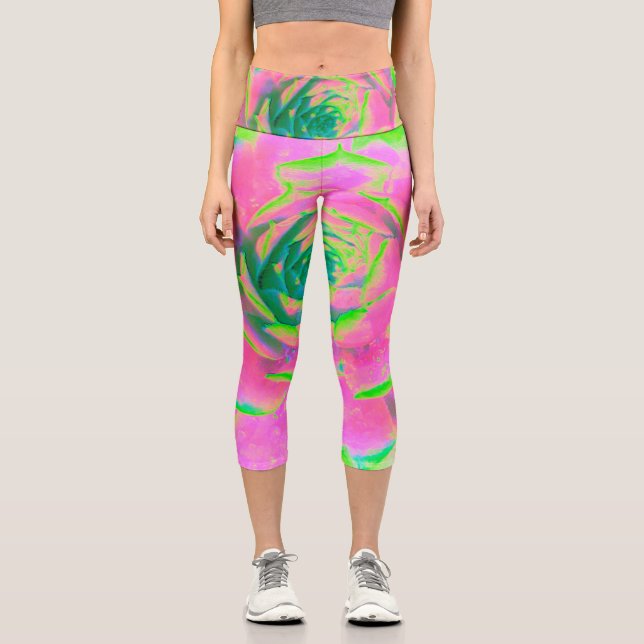 Kalkgrün und rosa Sukkulent Sedum Rosette Capri Leggings (Vorderseite)