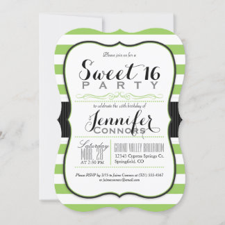 Kalkgrün und weiße Streifen Sweet 16 Party Einladung