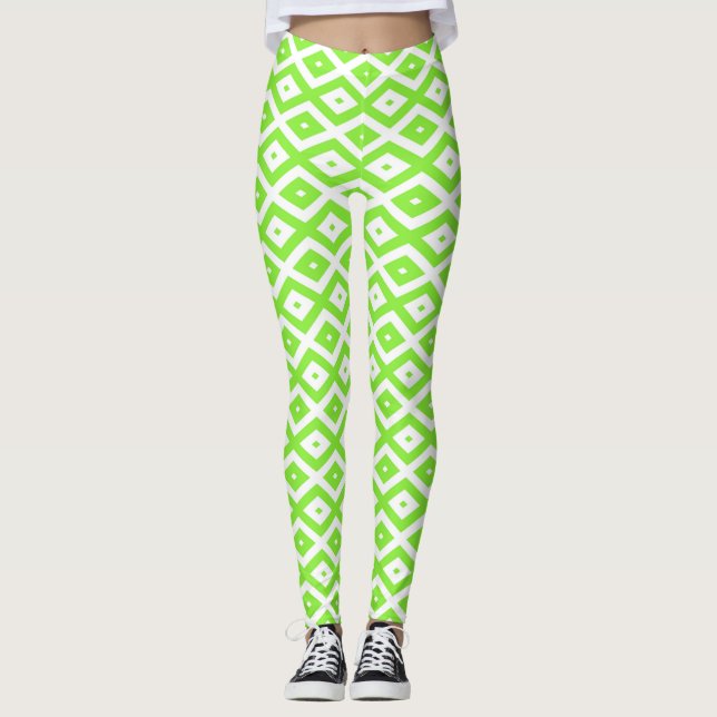 Kalkgrün-weiße Diamantmuster Leggings (Vorderseite)
