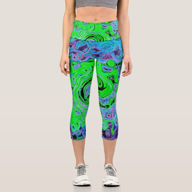 Kalkgrüner Groovy Abstrakt Retro Liquid Swirl Capri Leggings (Vorderseite)