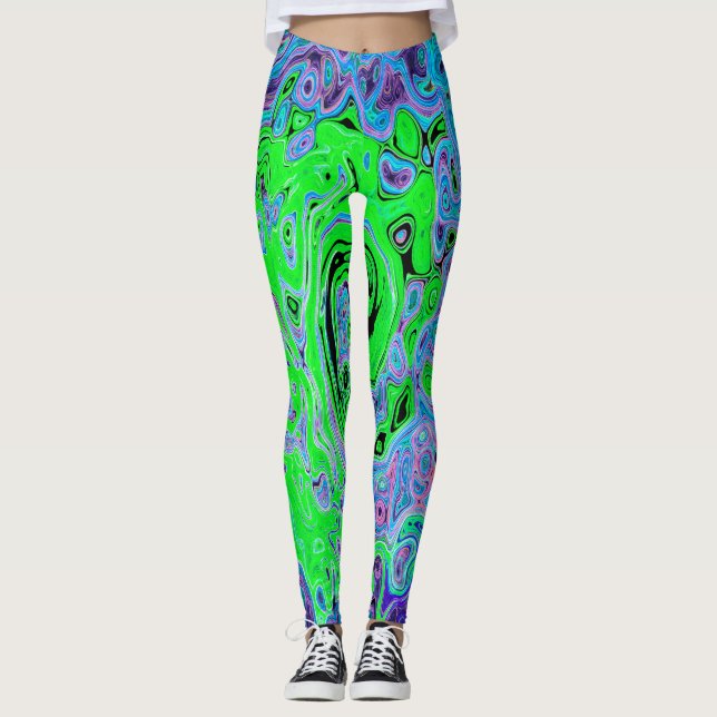 Kalkgrüner Groovy Abstrakt Retro Liquid Swirl Leggings (Vorderseite)