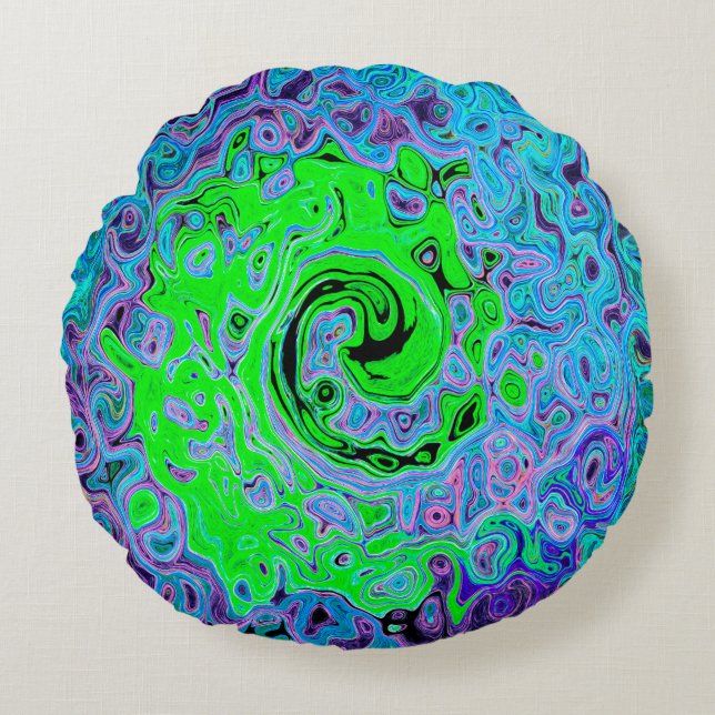Kalkgrüner Groovy Abstrakt Retro Liquid Swirl Rundes Kissen (Vorderseite)