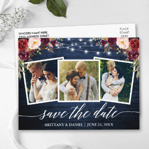 Kalligrafie Blau Holz Floral Save The Date Postkarte