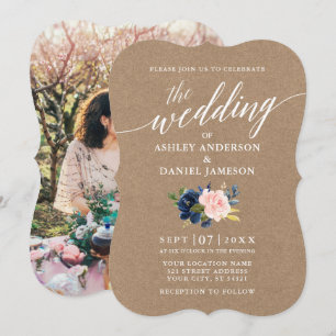 Kalligrafie Blau Pink Floral Wedding Kraft Foto Einladung