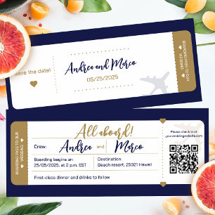 Kalligrafie Blau- und Gold-Boarding-Pass-Hochzeit Einladung