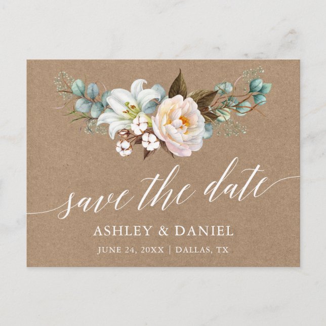 Kalligrafie Botanische florale Kraft Save the Date Postkarte (Vorderseite)