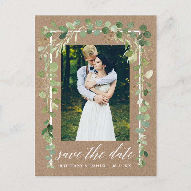 Kalligrafie Botanischer Save the Date Kraft Ankündigungspostkarte (Vorderseite)