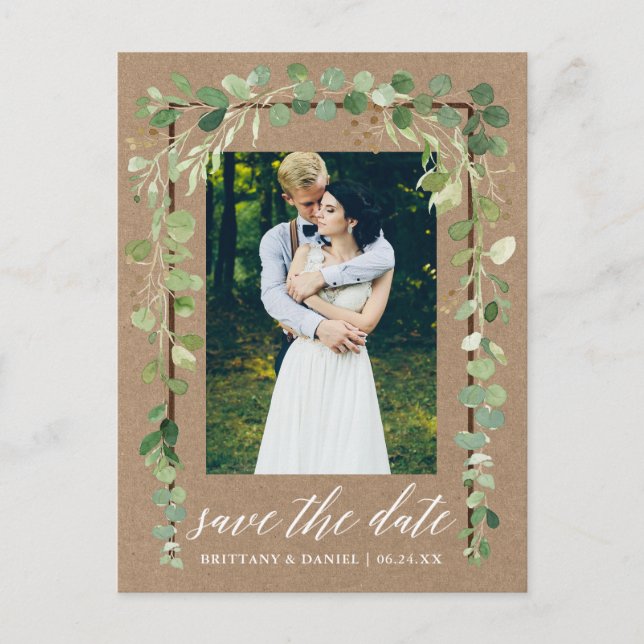 Kalligrafie Botanischer Save the Date Wood Kraft Ankündigungspostkarte (Vorderseite)