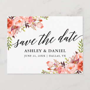 Kalligrafie Coral Floral Save the Date Postkarte