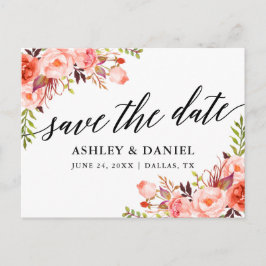 Kalligrafie Coral Floral Save the Date Postkarte