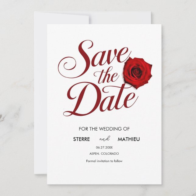 Kalligrafie-Editierbare Rote Rose Hochzeit Save The Date (Vorderseite)